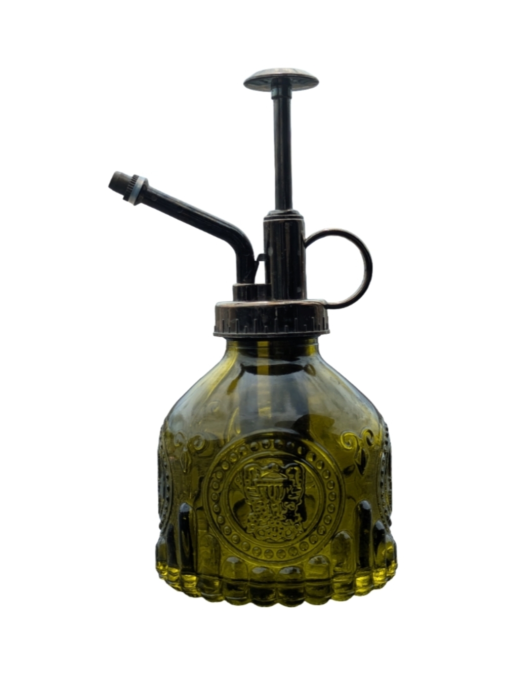 Olive Green Glass Mister Bottle with Decorative Medallion